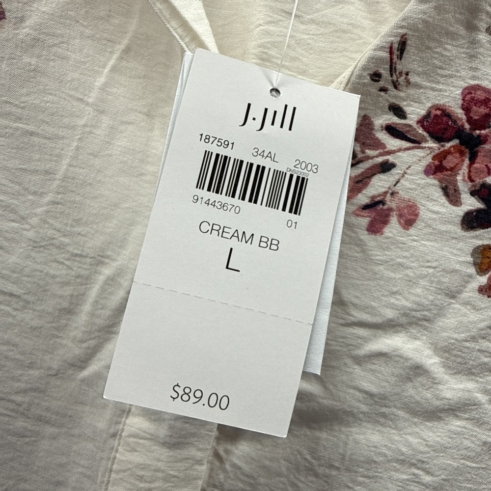 J Jill Women's Top Blouse Tunic Large Pink Cream Floral Popover Long Sleeves $89 - Picture 4 of 10